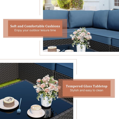 Patio Furniture Sets, 5-Piece Outdoor Patio Furniture with Thick Cushions, Wicker Outdoor Conversation Set Sectional Sofa for Backyard, Poolside, Garden, Aegean Blue