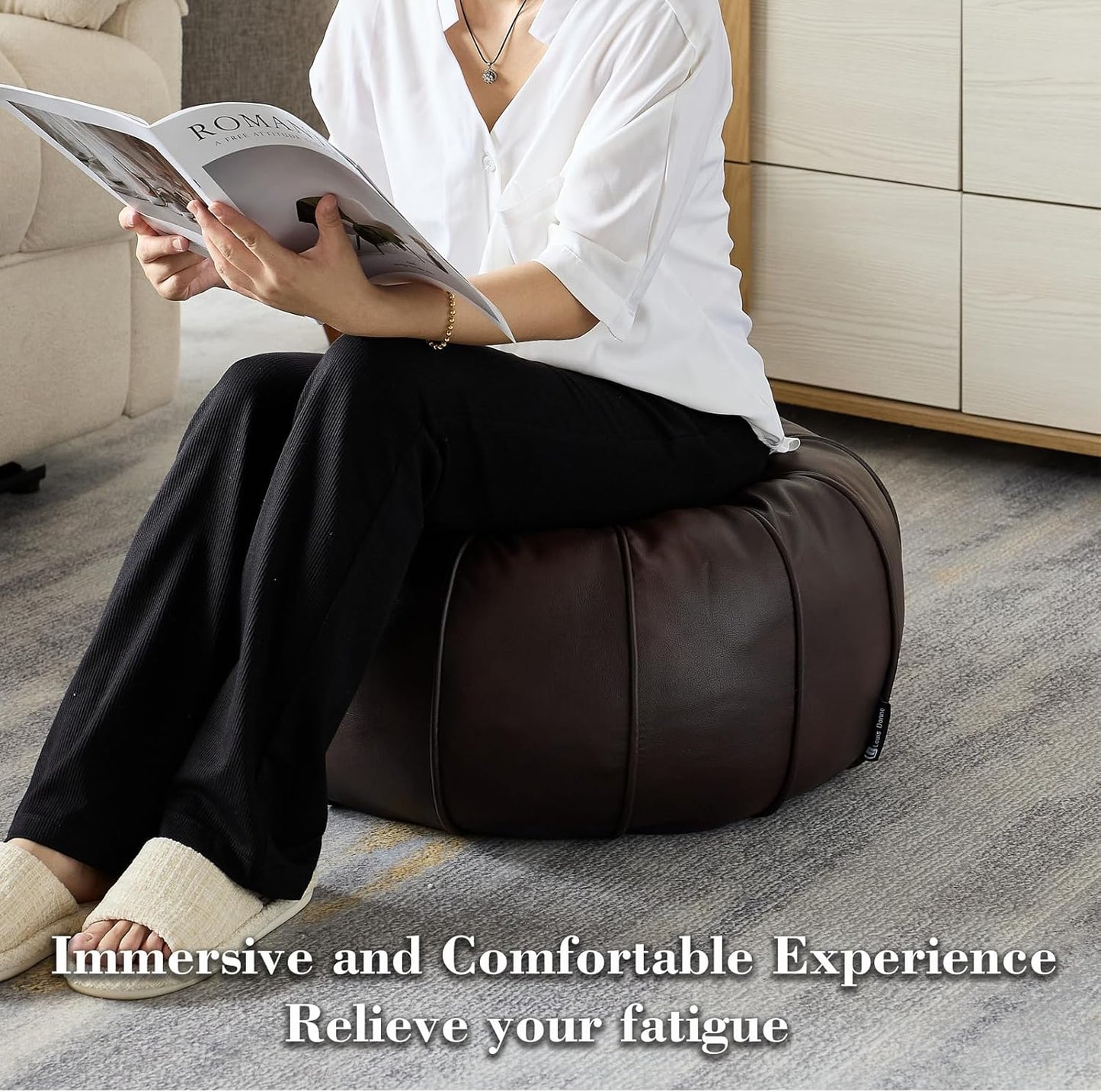 Brown Waterproof Faux Leather Unstuffed Pouf Ottoman, Handmade Moroccan Pouf Cover 21"X13", round Floor Cushion Floor Chair Footstool for Living Room, Bedroom and Wedding (Only Cover)