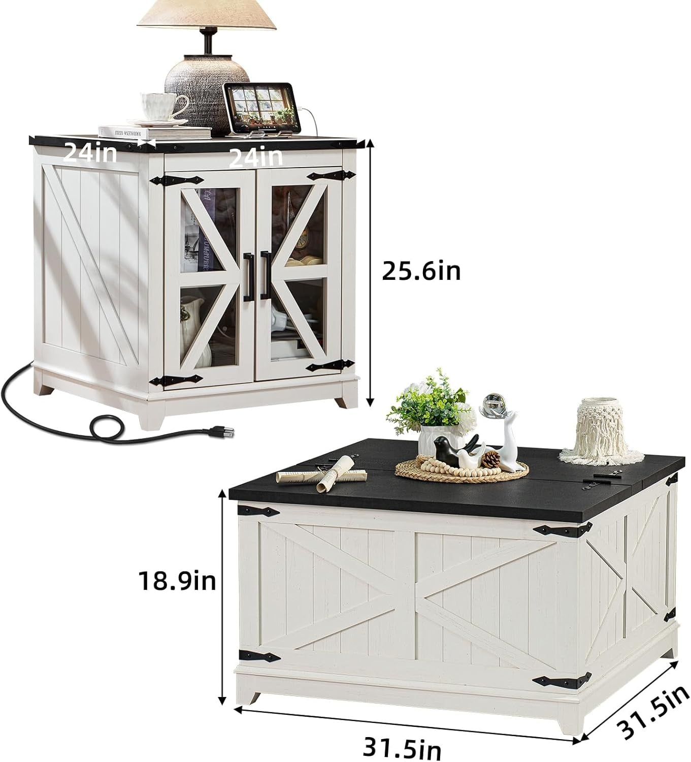 Farmhouse Coffee Table Sets 3 Pieces, Large End Side Tables with Charging Station and Coffee Table with Hidden Storage Compartment, White Living Room Table Set, Wood Furniture Sets for Home Office