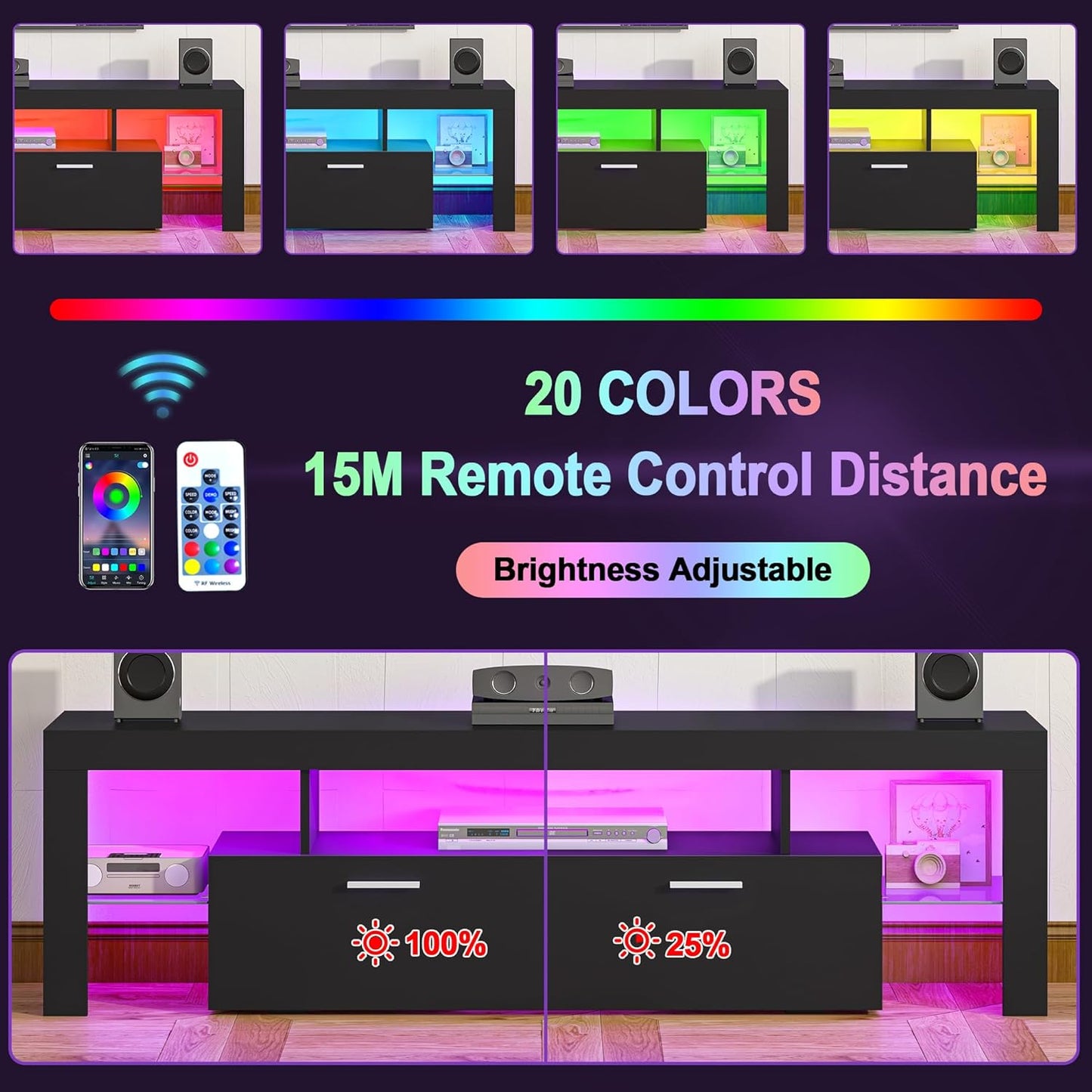 Modern Lighting 63 Inch TV Stand with Large Storage Drawer for 50 55 60 65 70 75 Inch Tvs, TV Console with 20 Color LED Lights, Entertainment Center Media and Open Shelf for Bedroom, Black