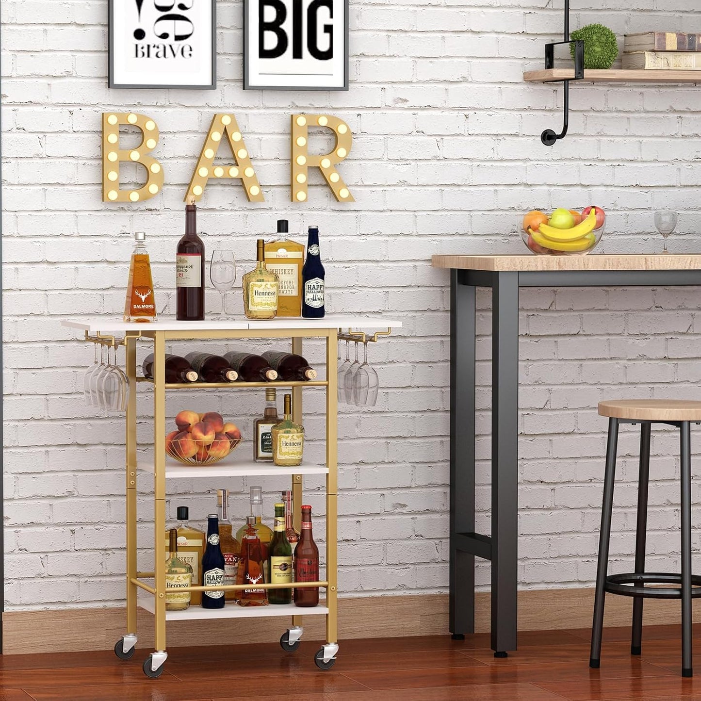 Bar Cart, Home Bar Serving Cart, 3 Tier Mobile Drink Beverage Cart, Rolling Kitchen Shelf with Wine and Glass Holder, for Dinning Room, Living Room, Kitchen