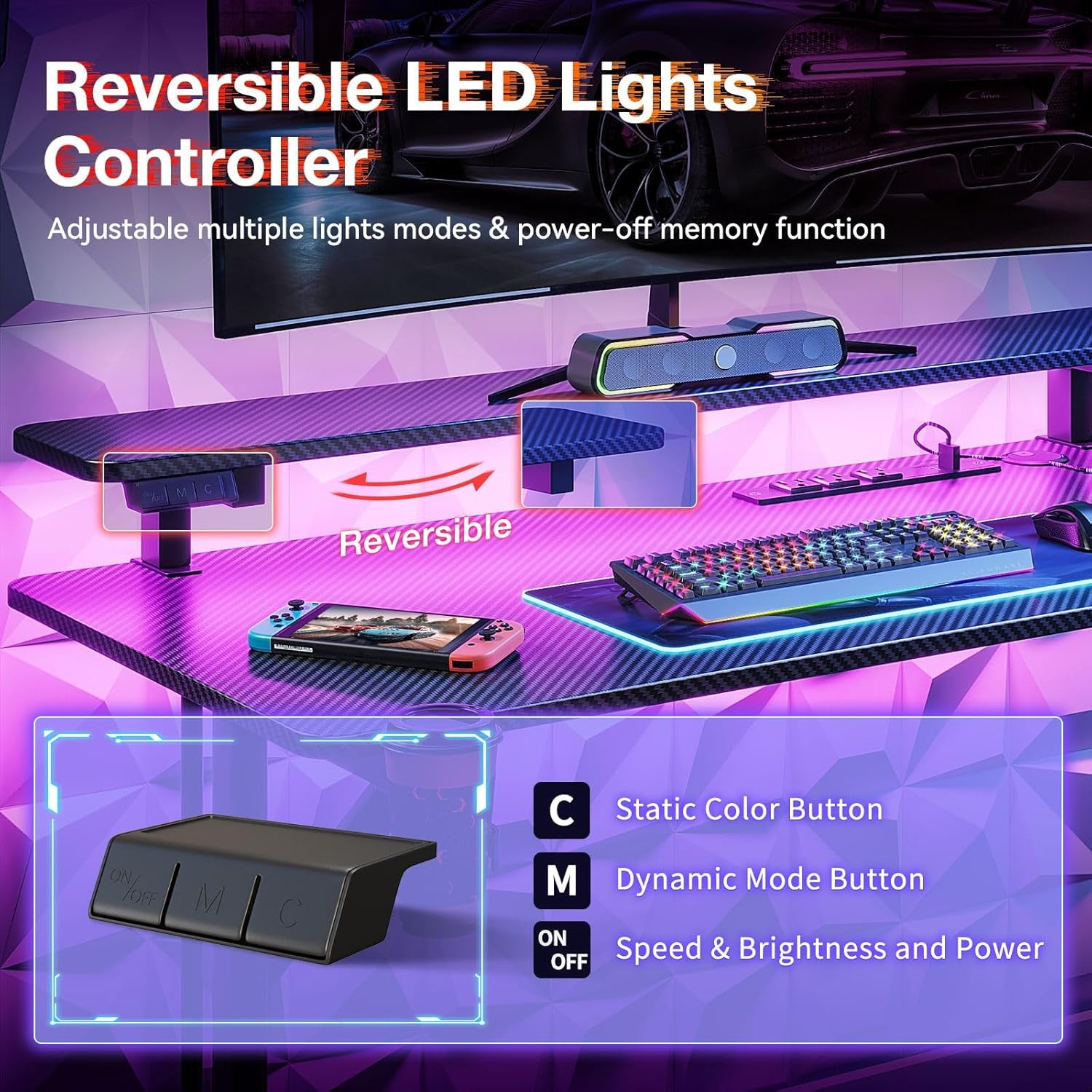 32 Inch Small Gaming Desk with LED Lights & Power Outlets, Computer Desk Gaming Table with Monitor Shelf, Gamer Desk with Carbon Fiber Texture, Kids Boys Desk Gift for Men