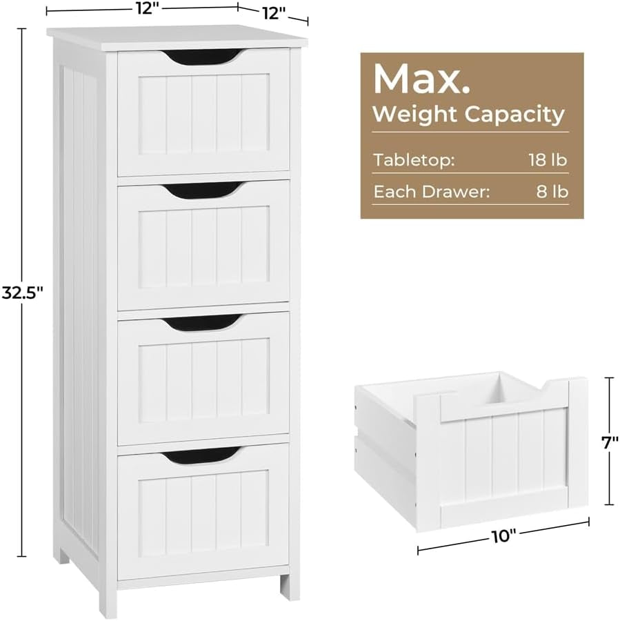 Bathroom Floor Cabinet, Wooden Side Storage Organizer, 4 Drawers Free-Standing Cabinet for Bathroom/Hallway/Living Room, White