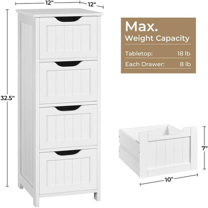 Bathroom Floor Cabinet, Wooden Side Storage Organizer, 4 Drawers Free-Standing Cabinet for Bathroom/Hallway/Living Room, White