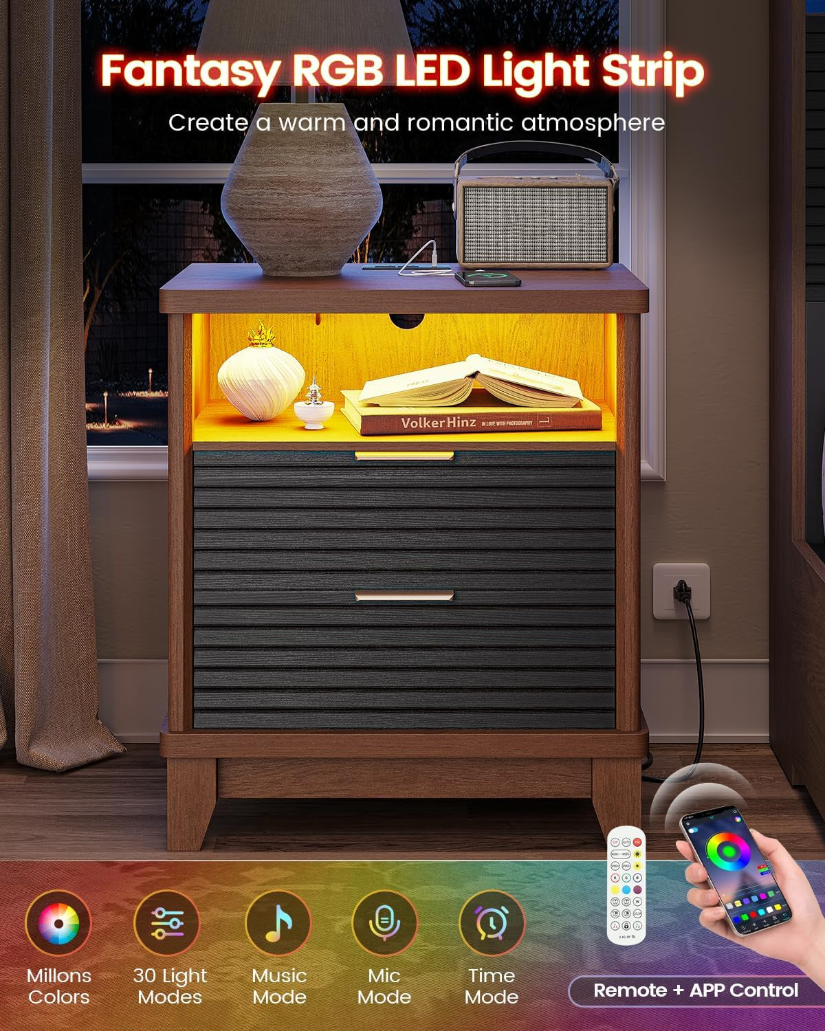 Fluted Night Stand Set of 2 with Charging Station and 2 Drawers, Black Nightstands Set of 2, beside Table with Open Storage and Led Lights, Retro End Side Table for Bedroom, Black