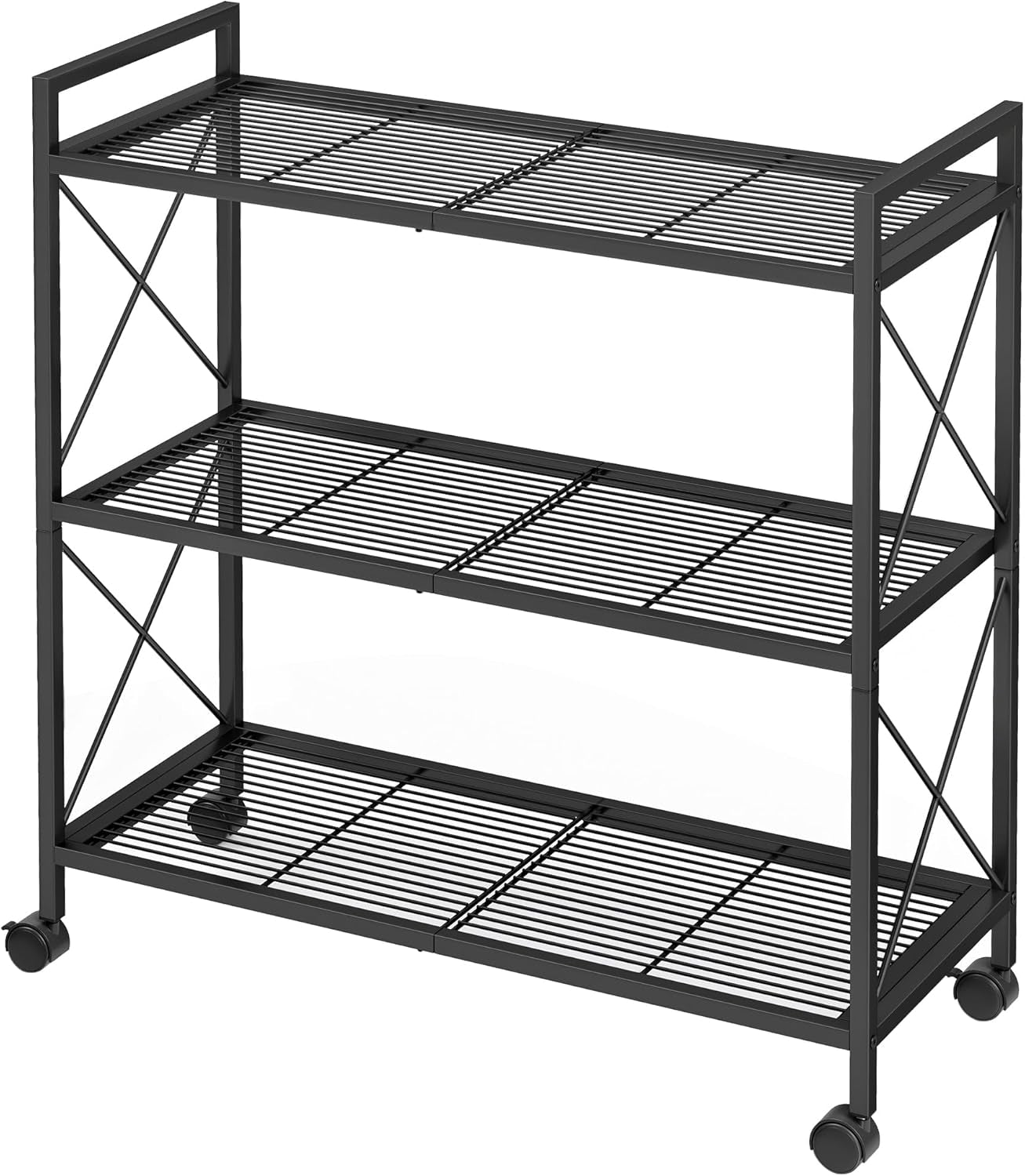 3-Tier Metal Storage Rack with Wheels, Mesh Shelving Unit with X Side Frames, 23.6-Inch Width, for Entryway, Kitchen, Living Room, Bathroom, Industrial Style, Black UBSC163B01