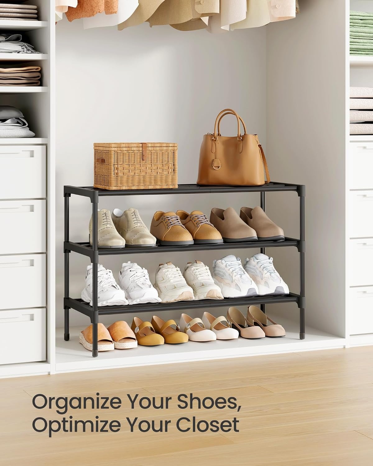 3-Tier Shoe Rack for Closet, Compact Metal Shoe Organizer Shelf for Entryway, Bedroom, Small Spaces, Stackable, 11.8 X 24.5 X 19.1 Inches, Black ULSA123BH01