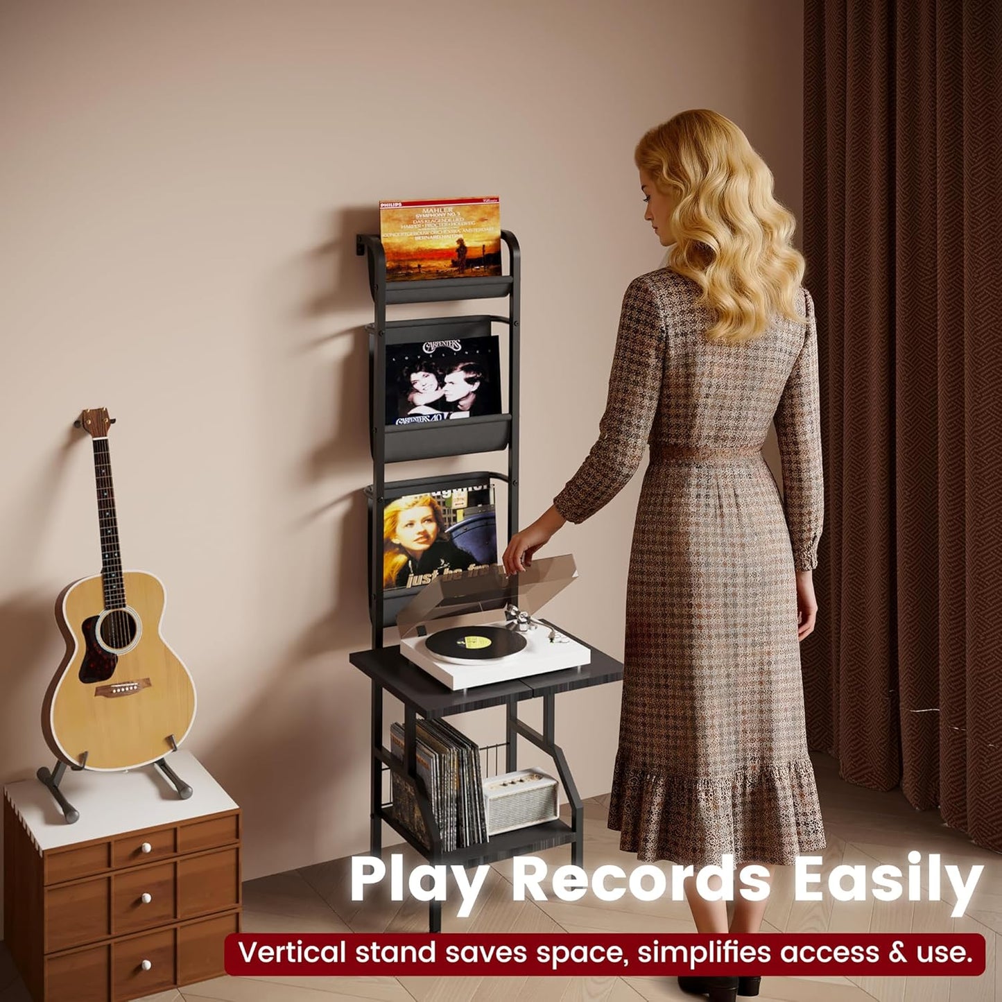 Record Player Stand with Vinyl Storage, Record Player Table Holds up to 200 Albums, 5-Tier Turntable Stand for Living Room, Black
