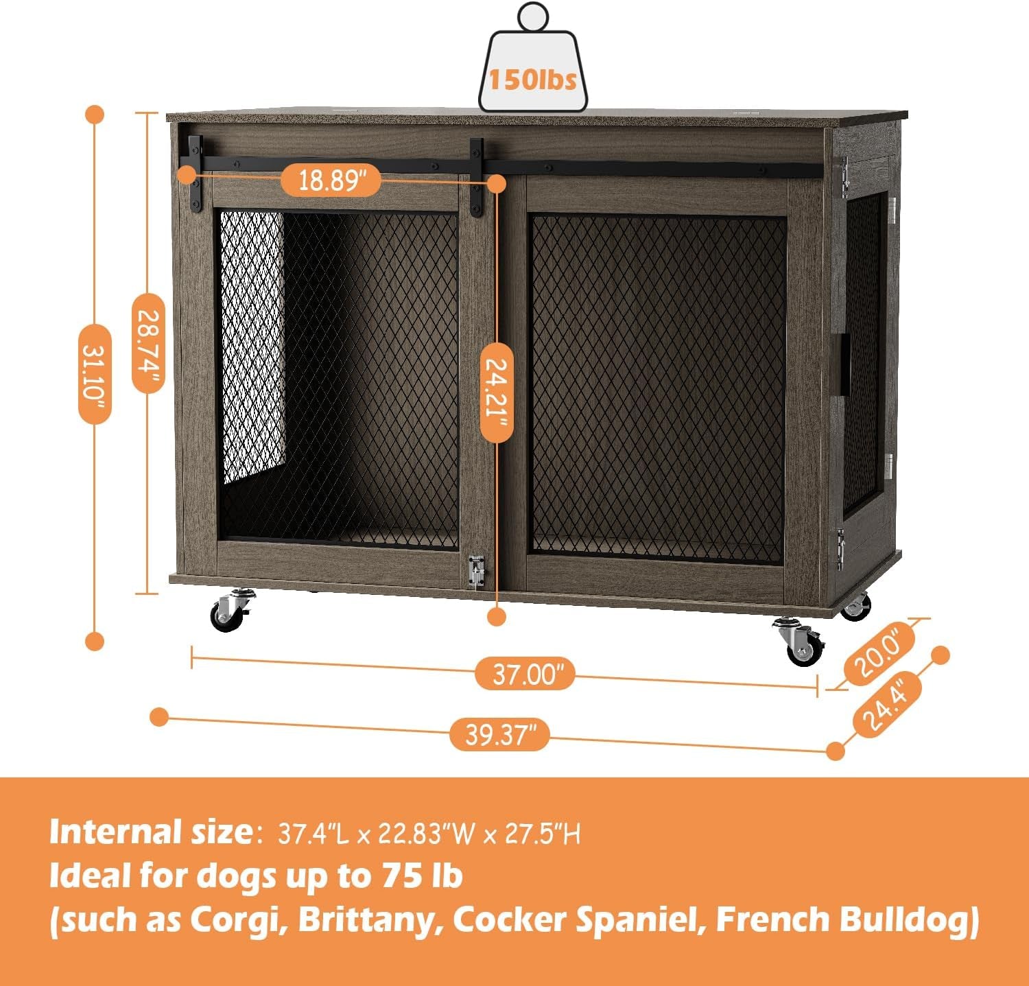 47 Inch Large Dog Crate Furniture, Wooden Heavy Duty XL Dog Kennel Indoor, Decorative Dog Cage Table for Large Dogs, with Sliding Doors, Wheels and Flip-Top Plate, Rustic Brown