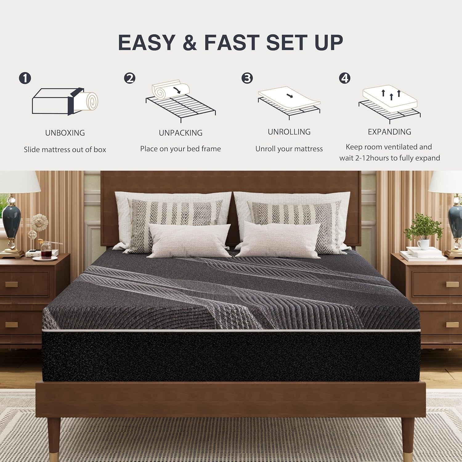 Queen Mattress 10 Inch Charcoal Gel Memory Foam in a Box, Certipur-Us Certified, Fiberglass Free, Cooling Double Mattress, Made in the USA of US Foam, 80" × 60" × 10", Medium