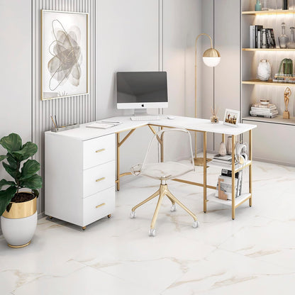 L Shaped Desk - Two-Toned Computer Desk with Drawers & Storage Shelves - Simple Modern Furniture & Home Office Space Corner Table for Work & Writing