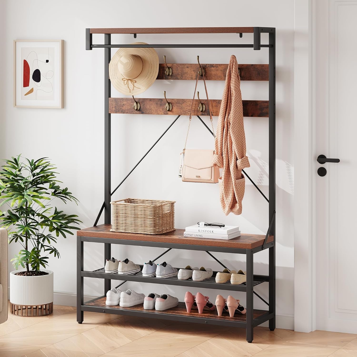 Coat Rack Shoe Bench Industrial Hall Tree Storage Bench for Entryway, Wood Look Accent Large Shoe Rack with Storage Shelf Hanging Bar,8 Hooks Rustic Brown 39.9"X15.7"X72"
