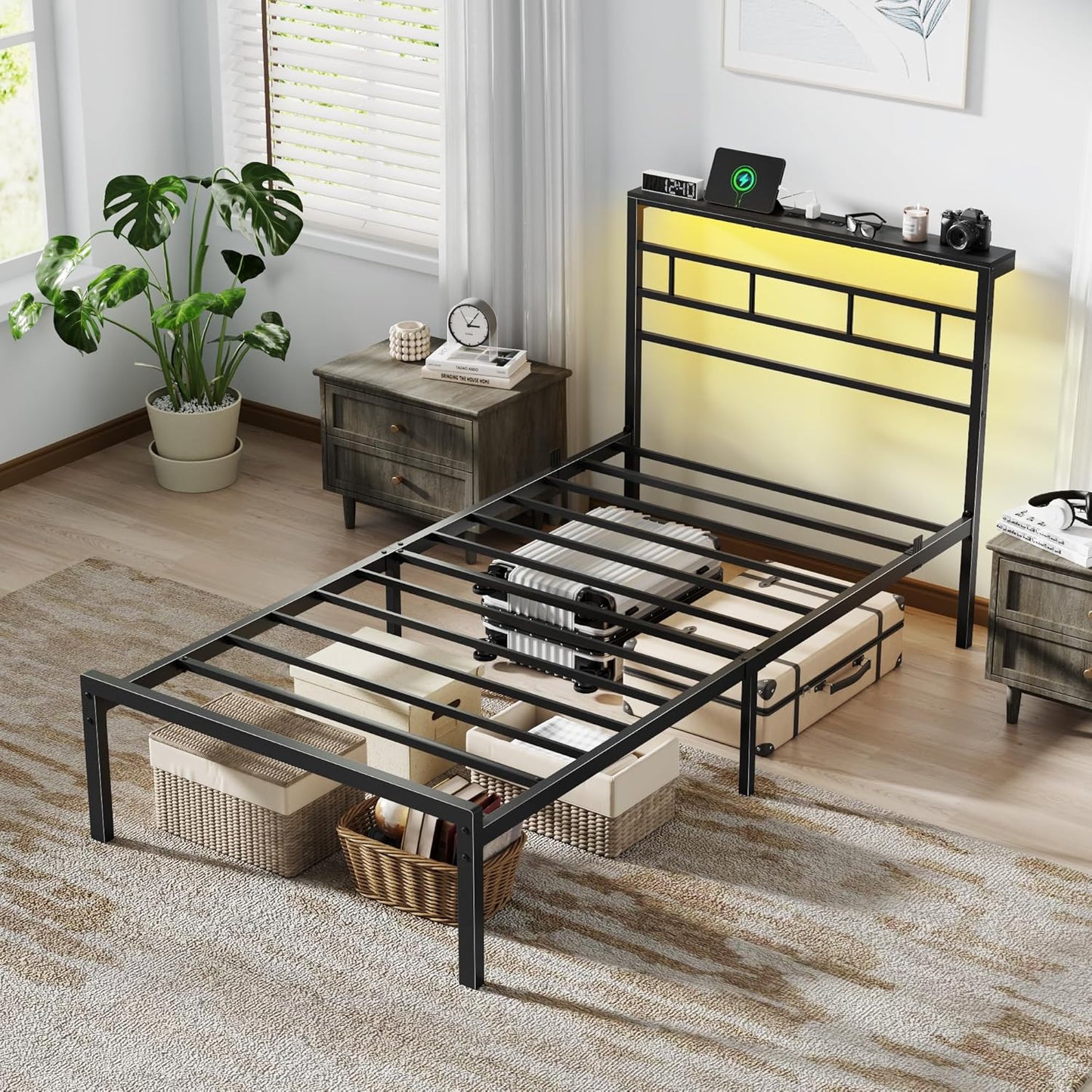 Twin Bed Frames with Built-In Charging Station and LED Light, Metal Platform Bed with Headboard and Storage Shelf, Noise-Free, No Box Spring Needed, Black
