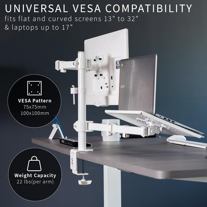Fully Adjustable 13 to 32 Inch Single Computer Monitor and Laptop Desk Mount Combo, Stand with Grommet Option, Fits up to 17 Inch Laptops, White STAND-V002CW