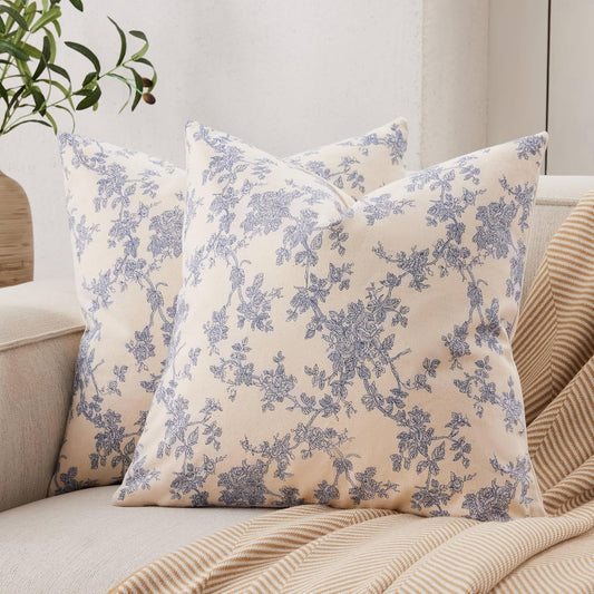 100% Cotton French Pastoral Throw Pillow Covers Set of 2, 18X18 Inch Blue Farmhouse Decorative Cushion Covers for Sofa Bed Living Room Home Decor