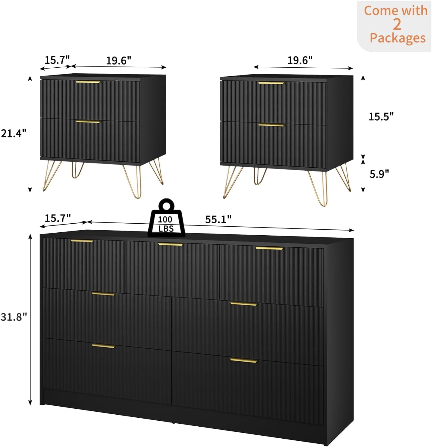 Black Dresser and Nightstand Sets, 7 Drawer Dresser Set for Bedroom 3 Piece, 55” Wide Fluted Wood Dressers W/Metal Handle & Night Stand Set of 2, Modern Bedroom Furniture Sets, Black