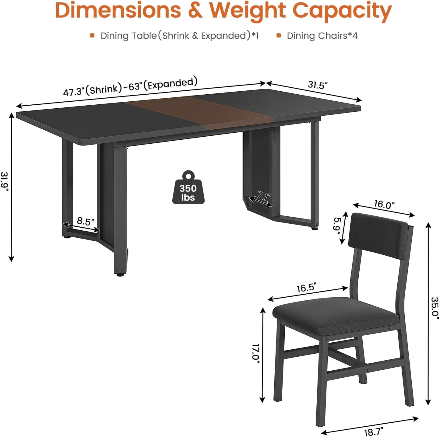 5-Piece Dining Table Set for 4-6 People, 63" Extendable Kitchen Table and 4 Cushion Chairs, Dining Room Table with MDF Board & Metal Frame for Small Space, Easy Clean, Black