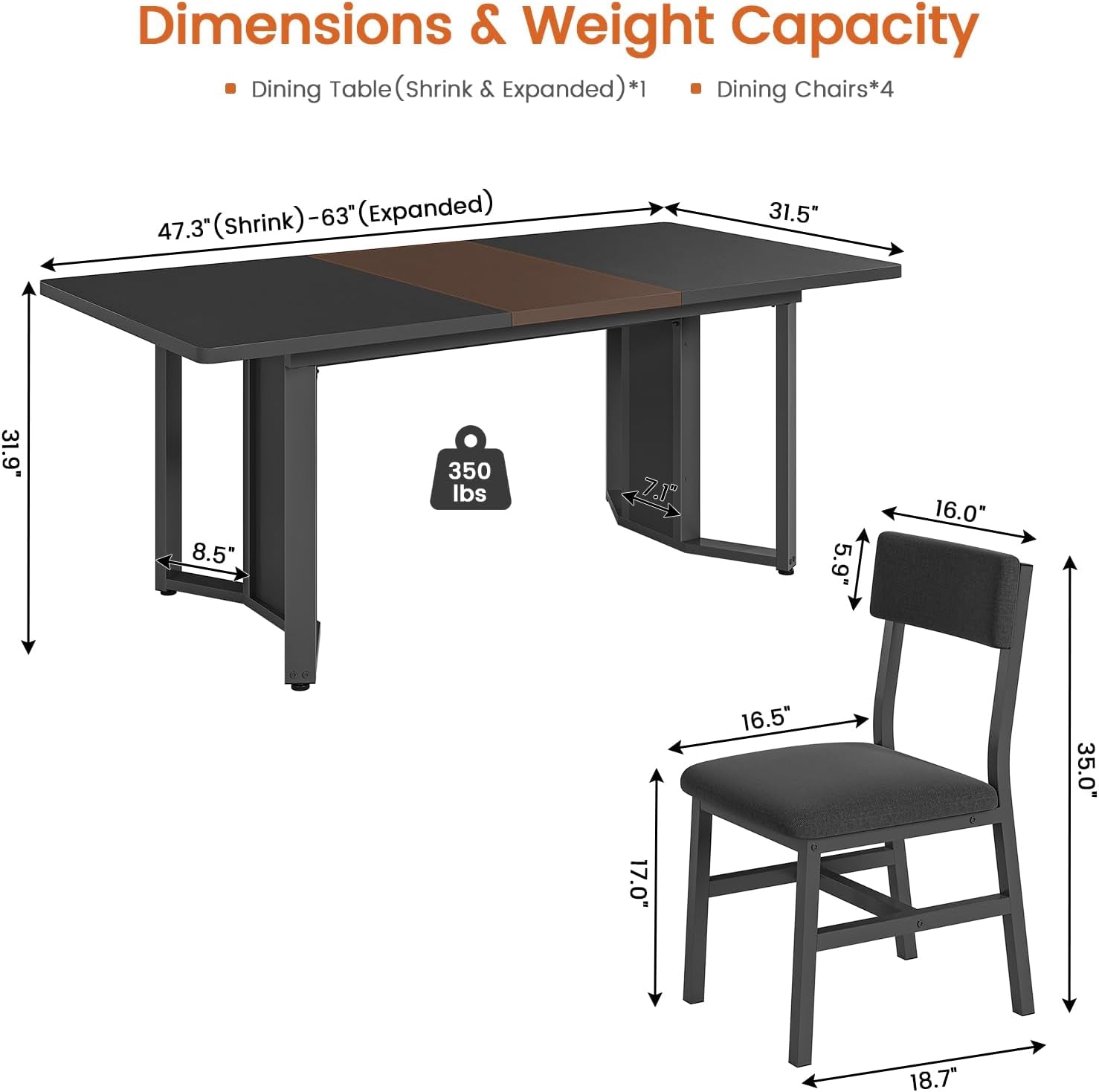 5-Piece Dining Table Set for 4-6 People, 63" Extendable Kitchen Table and 4 Cushion Chairs, Dining Room Table with MDF Board & Metal Frame for Small Space, Easy Clean, Black