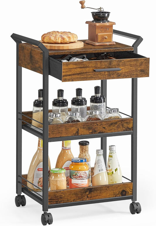 Storage Cart, 3-Tier Rolling Utility Cart with Table Top, Handles, 4 Lockable Casters, Top Drawer, Mesh Shelves, for Kitchen, Bathroom, Bedroom, Rustic Brown and Ink Black ULRC048K01