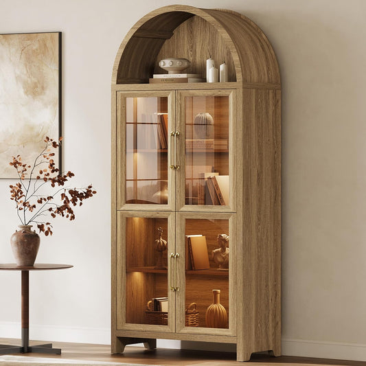 74" Display Cabinet with Glass Doors - Modern 5-Tier Arched Bookcase with Rechargeable 3-Color LED Lights & Motion Sensor, Large Pantry Cabinet for Kitchen, Living Room, Home Office, Brown Oak