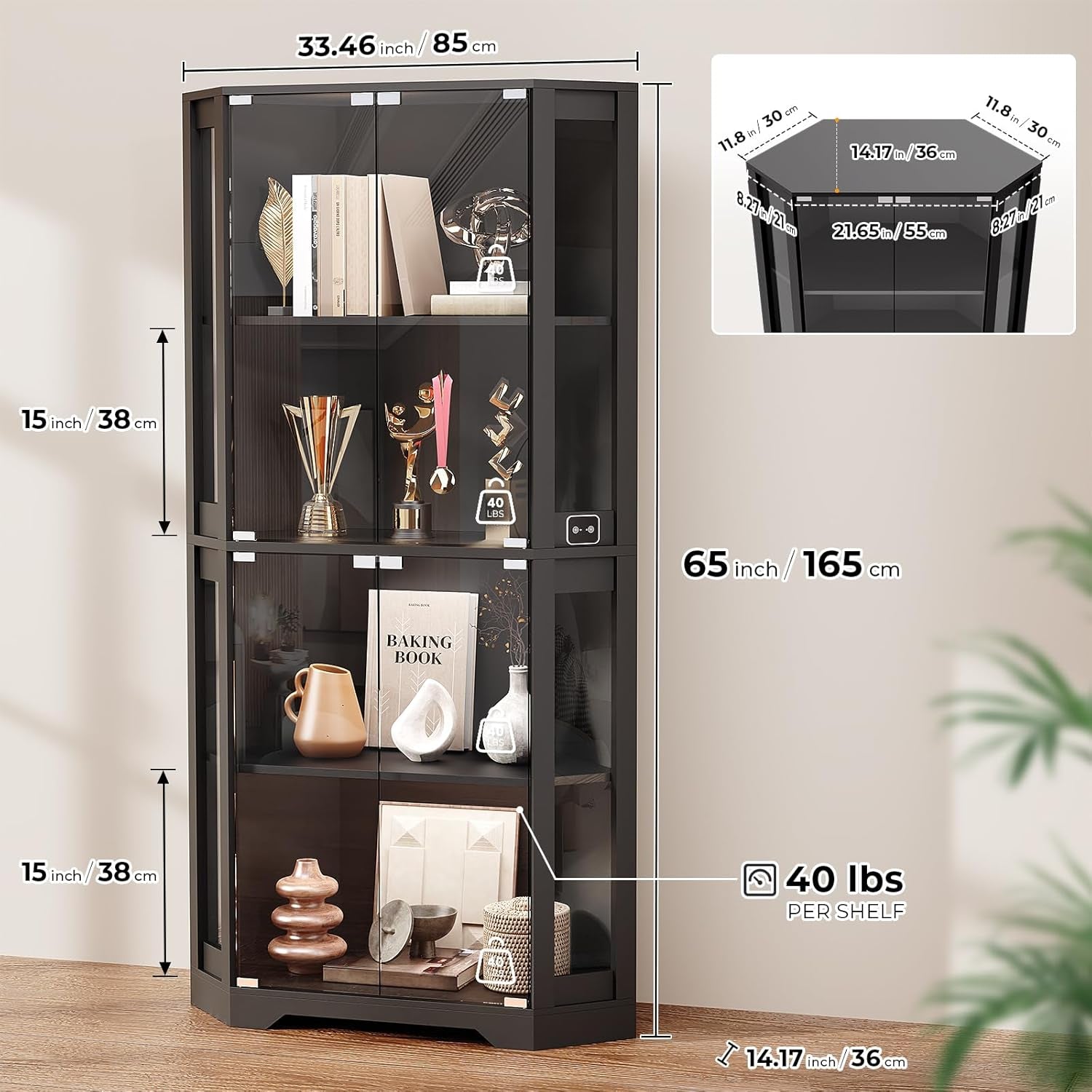 65" Tall Display Cabinet with Glass Doors, Corner Curio Display Case with LED Lights & Motion Sensor for Collectibles, Book, 4-Tier China Cabinet Bookcase for Living Room (Black)