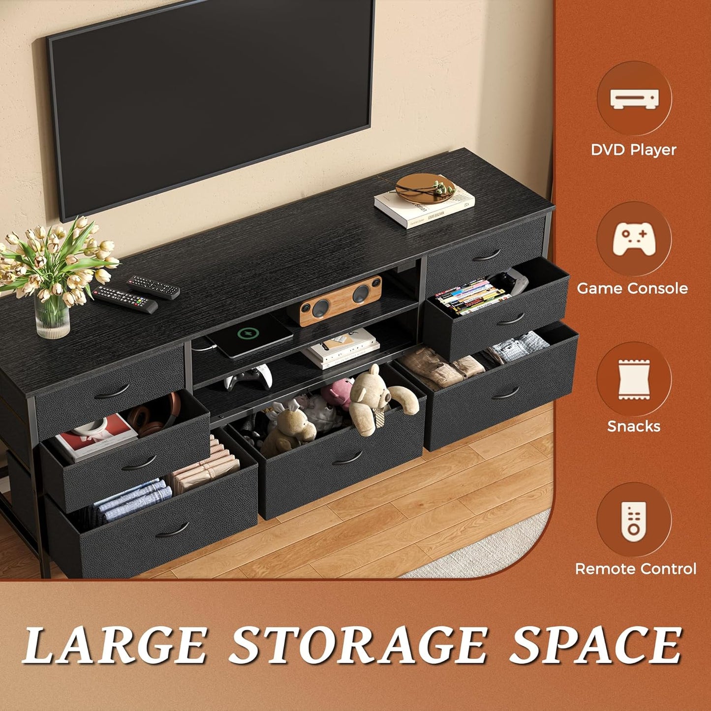 Dresser for Bedroom with Power Outlets and LED Lights, 7 Drawers TV Stand for 60 Inch TV, Console with Open Shelf, 55 Inches Wide Black, PU Leather