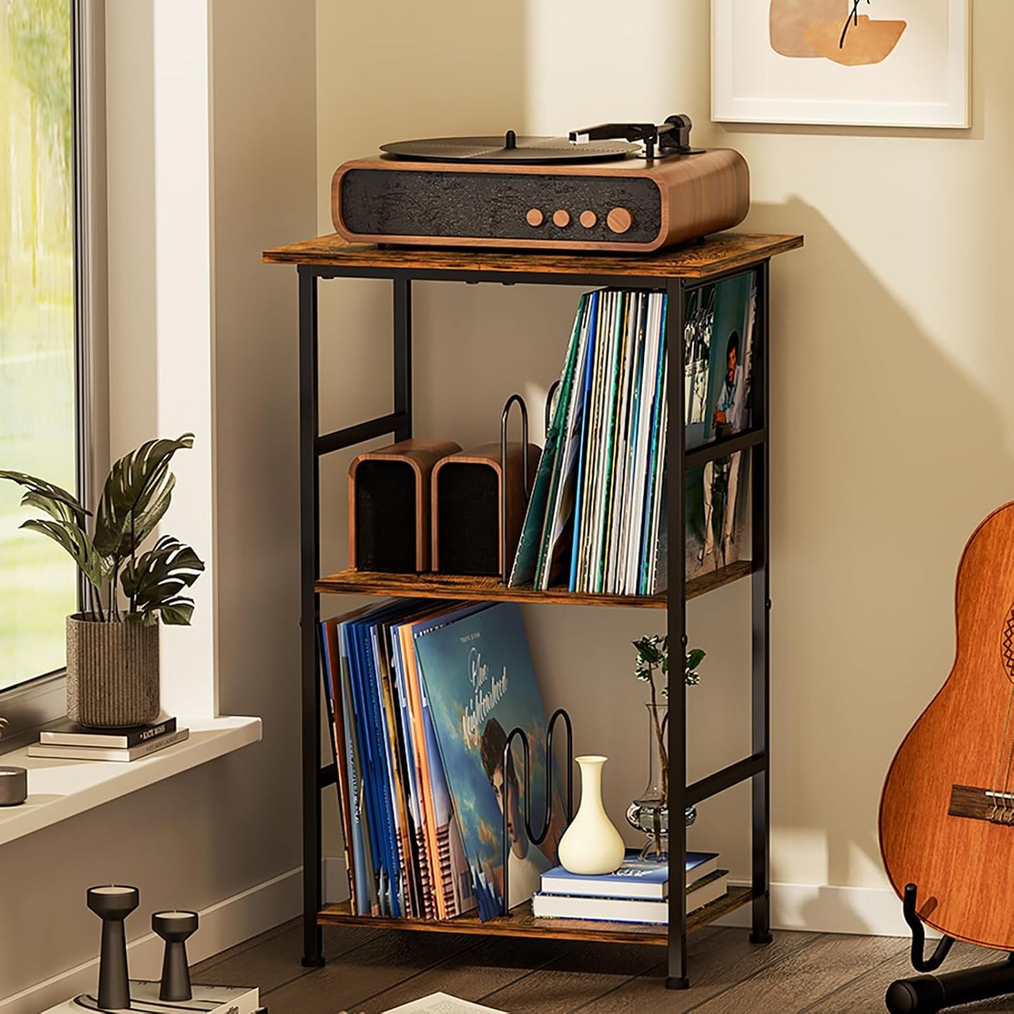 Vinyl Record Player Stand for 200 Albums - Solid Wood Turntable Table with Extended Desktop, Space-Saving LP Holder Cabinet for Living Room, Bedroom & Home Office