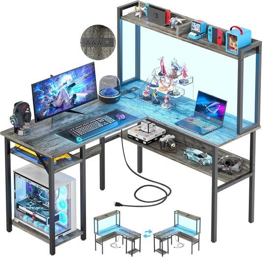 L Shaped Gaming Desk with LED Strip and Power Outlets, Reversible L-Shaped Computer Desk with Storage Shelves, Corner Desk with Hutch, 2 Person Home Office Desk, Black Oak