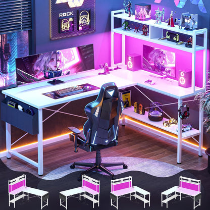 L Shaped Desk Gaming Desk, 59" L Shaped Computer Desk with LED Light & Power Outlet, Reversible Home Office Desk Gamer Desks with Shelves & Storage Bag & Hooks, Corner PC Desk, White
