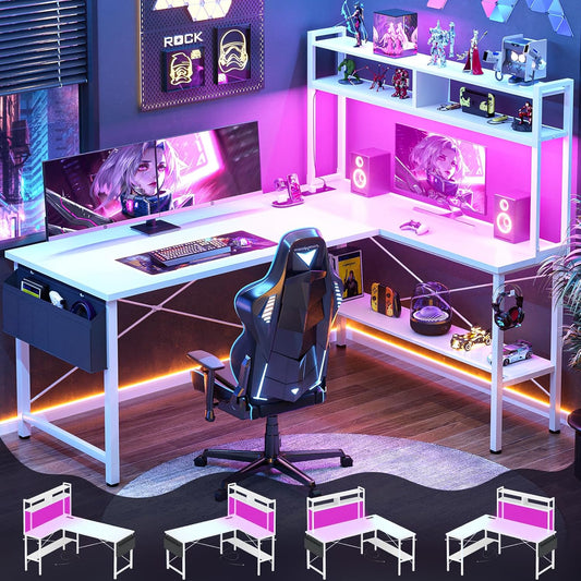 L Shaped Desk Gaming Desk, 59" L Shaped Computer Desk with LED Light & Power Outlet, Reversible Home Office Desk Gamer Desks with Shelves & Storage Bag & Hooks, Corner PC Desk, White