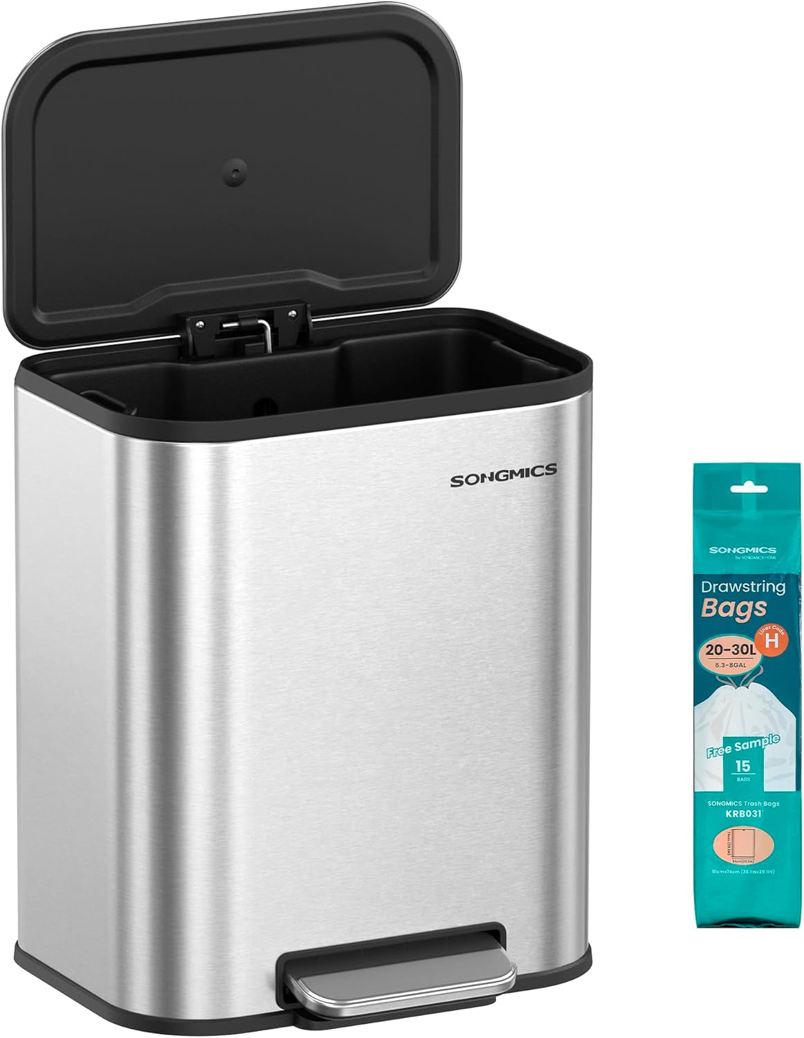 Kitchen Trash Can, 8-Gallon (30 L) Garbage Can with Lid, Stainless Steel, Soft Close and Stays Open, Inner Bucket, Wide Non-Slip Pedal, Metallic Silver ULTB546E01