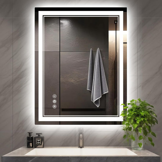LED Bathroom Mirror with Lights: 24"X32" Wall Mounted Large Lighted Mirrors Fogless, Anti-Fog,Dimmable,Memory Function, Shatterproof Tempered Glass, Espejos Para Baños, ETL Listed
