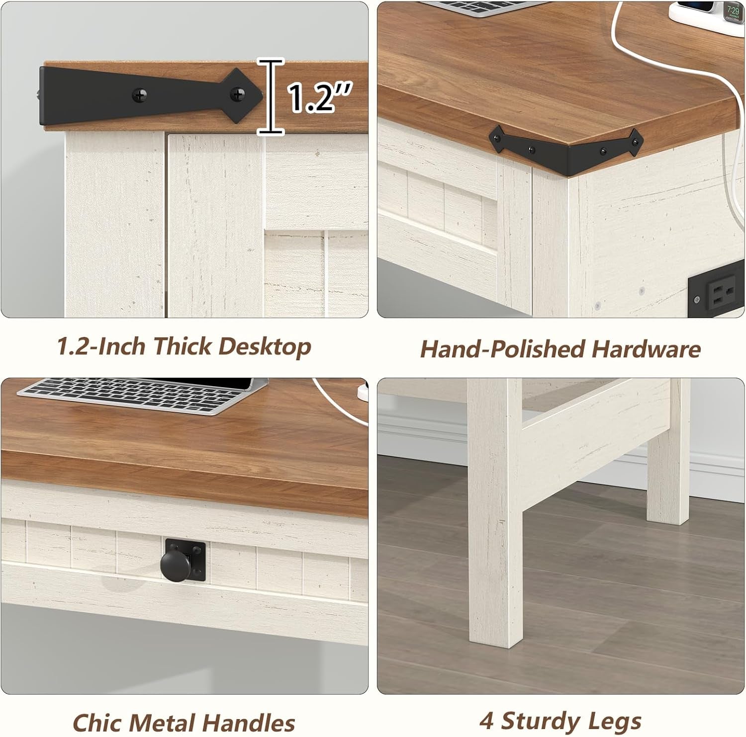 Farmhouse Computer Desk with 2 Drawers, 39 Inch Small Office Computer Desk with Power Outlets, Compact Writing Study Desk for Small Spaces, Antique White