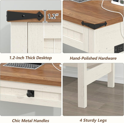 Farmhouse Computer Desk with 2 Drawers, 39 Inch Small Office Computer Desk with Power Outlets, Compact Writing Study Desk for Small Spaces, Antique White