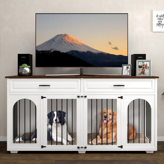 Large Dog Crate Furniture,74.8" Wooden Double Room Dog Crates Indoor Furniture Style with Divider and 2 Drawers,Xxl Heavy Duty Dog Kennel Furniture TV Stand Table for 2 Large Dogs,White