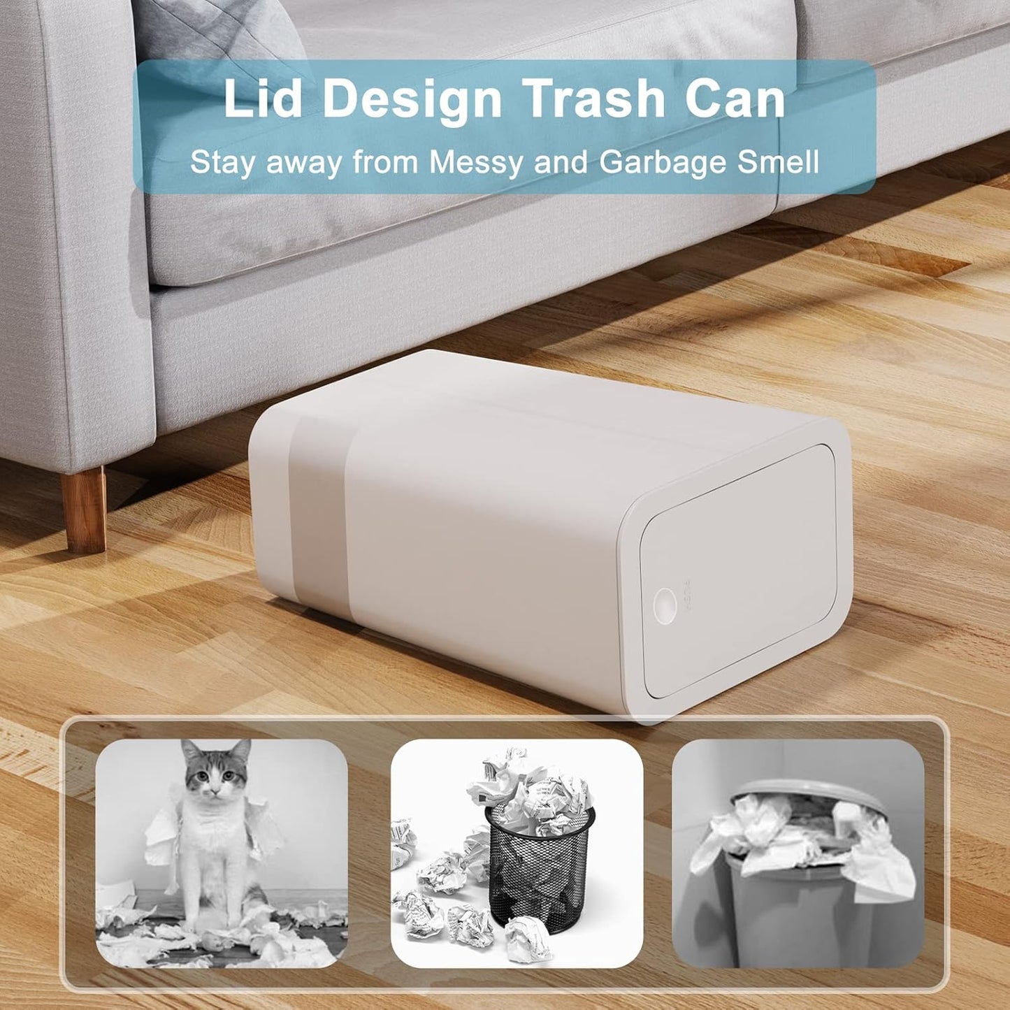 3 Pack 10L / 2.6 Gallon Small Trash Can with Lid, Bathroom Garbage Can with Pop-Up Lid, Waste Basket for Bathroom, Kitchen, Bedroom, Powder Room, Craft Room, Office, College (Off White)
