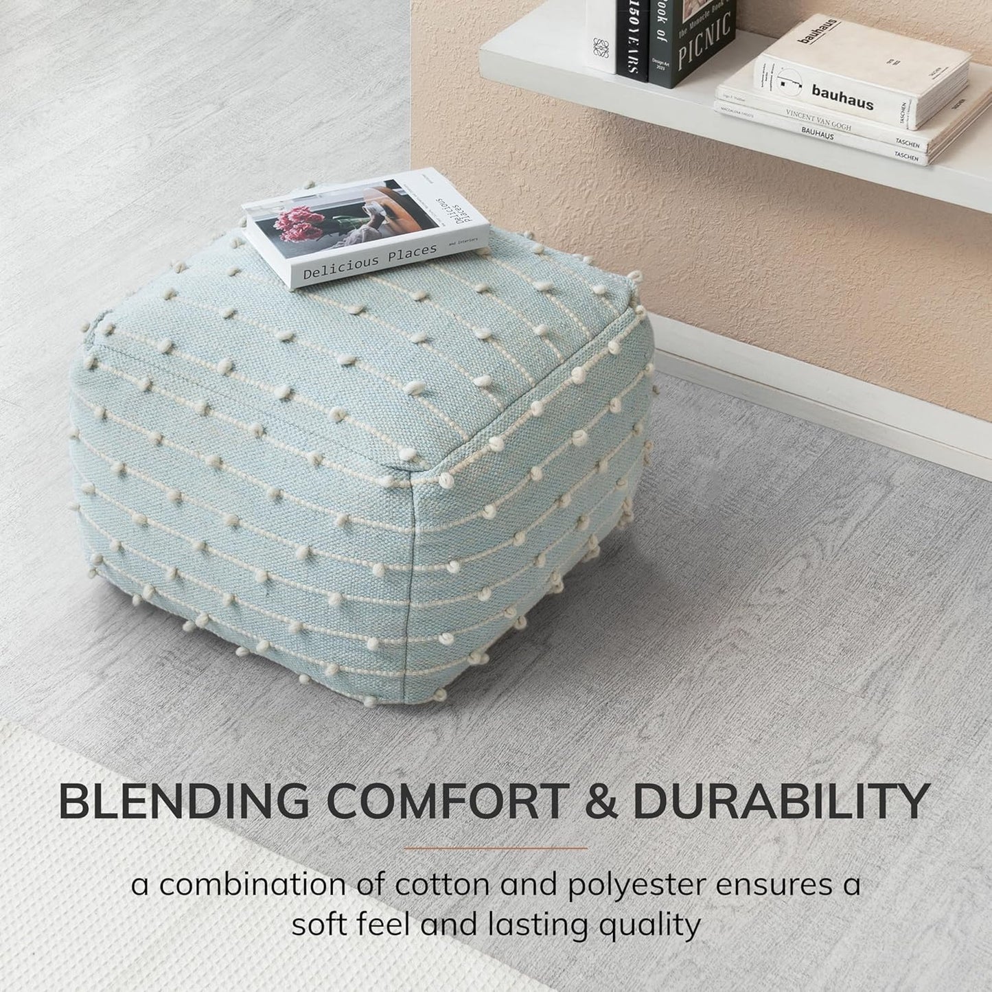 100% Handmade & Handcrafted Comfortable Home Décor Pouf Ottoman Footrest for Living Room, Bedroom, Nursery, Kidsroom, Patio Furniture - (22" X 22" X 16"- Teal,Ivory)