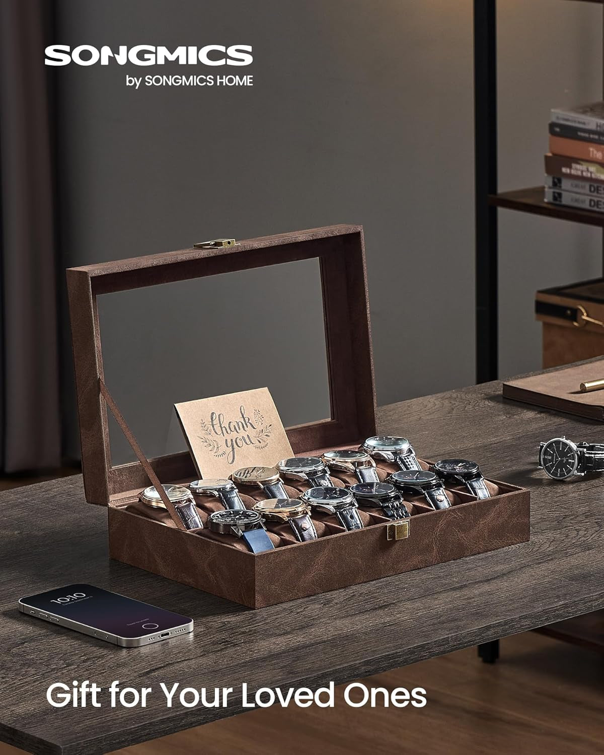 Watch Box, 12-Slot Watch Case Organizer with Large Glass Lid, Removable Pillows, Gift for Loved Ones, Coffee Brown Synthetic Leather, Coffee Brown Lining UJWB120KQ01S