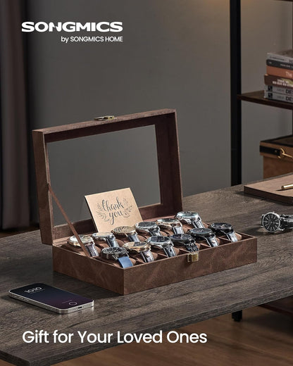 Watch Box, 12-Slot Watch Case Organizer with Large Glass Lid, Removable Pillows, Gift for Loved Ones, Coffee Brown Synthetic Leather, Coffee Brown Lining UJWB120KQ01S