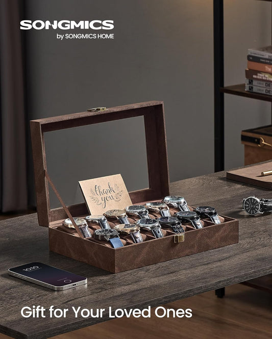 Watch Box, 12-Slot Watch Case Organizer with Large Glass Lid, Removable Pillows, Gift for Loved Ones, Coffee Brown Synthetic Leather, Coffee Brown Lining UJWB120KQ01S
