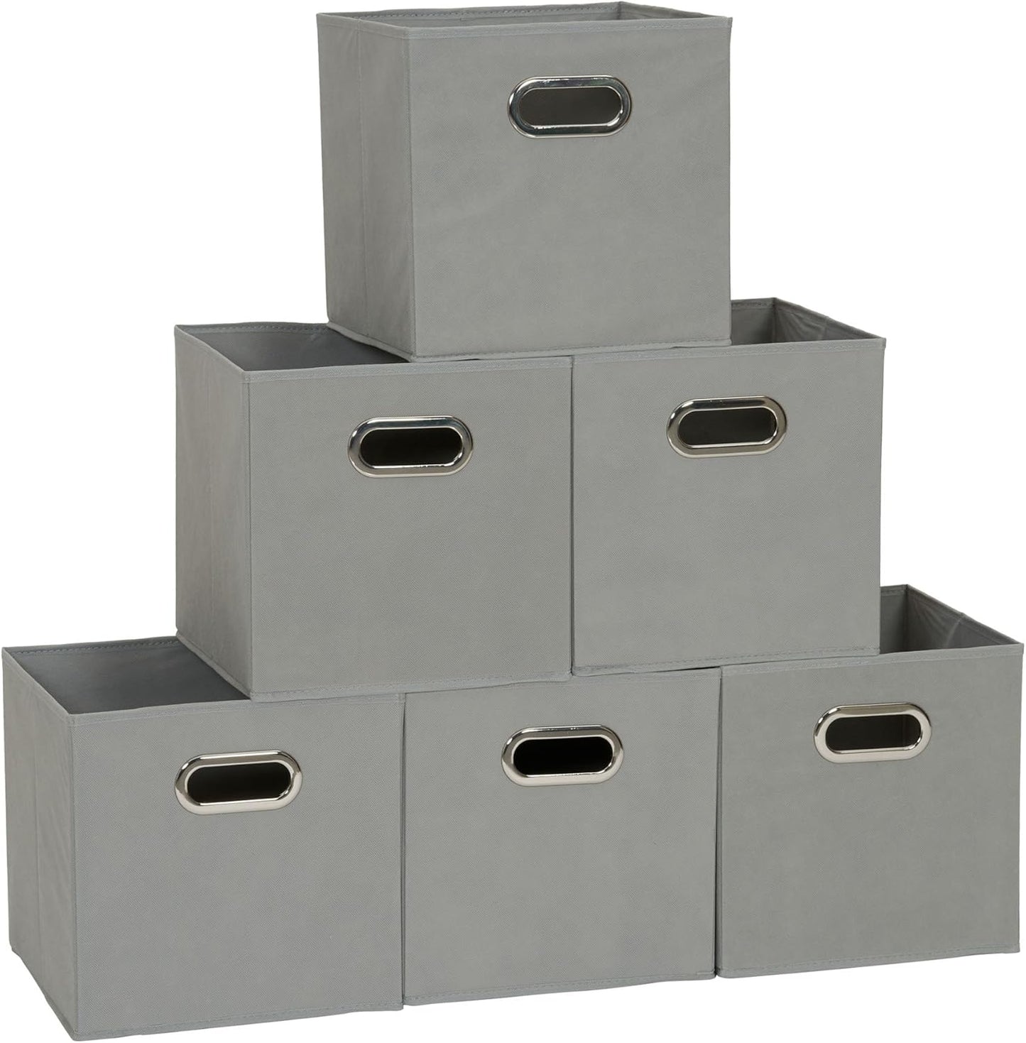 Fabric Storage Bins 6 Piece Set, Strong Poly-Woven Fabric, Sturdy Chipboard Sides, Grommet Front Handle, Stackable and Foldable, Classic Design, Dove Gray