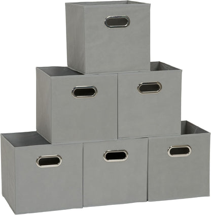 Fabric Storage Bins 6 Piece Set, Strong Poly-Woven Fabric, Sturdy Chipboard Sides, Grommet Front Handle, Stackable and Foldable, Classic Design, Dove Gray