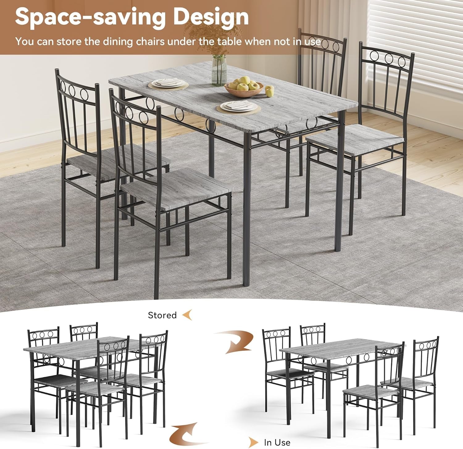 Rectangular Dining Room Table Set with 4 Chairs, Space-Saving Kitchen Table Set for Small Space, Retro Grey