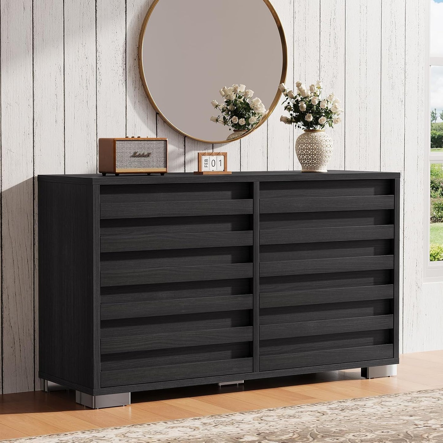 2 Pcs Bedroom Furniture Sets - Includes 1 X Farmhouse 6 Drawers Dresser, 1X Farmhouse Full Size Bed Frame with 49" Tall Headboard, Wooden Platform Bed with Hidden Metal Bed Frame, Black