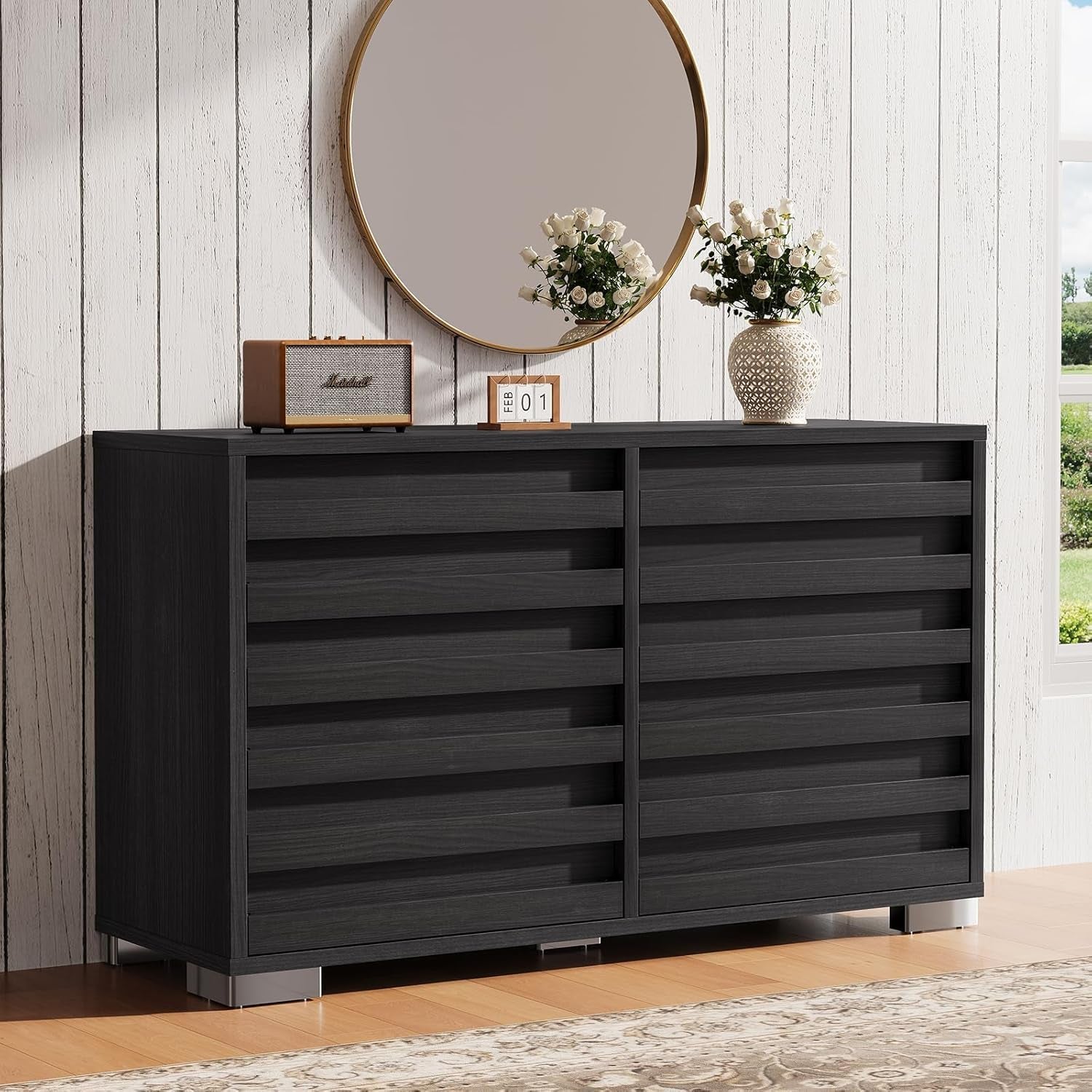 2 Pcs Bedroom Furniture Sets - Includes 1 X Farmhouse 6 Drawers Dresser, 1X Farmhouse Full Size Bed Frame with 49" Tall Headboard, Wooden Platform Bed with Hidden Metal Bed Frame, Black