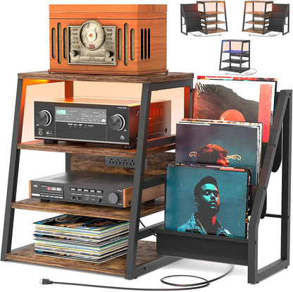 AV Media Stand with Outlets, Stereo Stands and Racks with Vinyl Storage, Stereo Stand with Record Storage, Audio Stereo Rack Cabinet, Turntable Console Stand with LED Lights, 4 Tiers, Rustic Brown