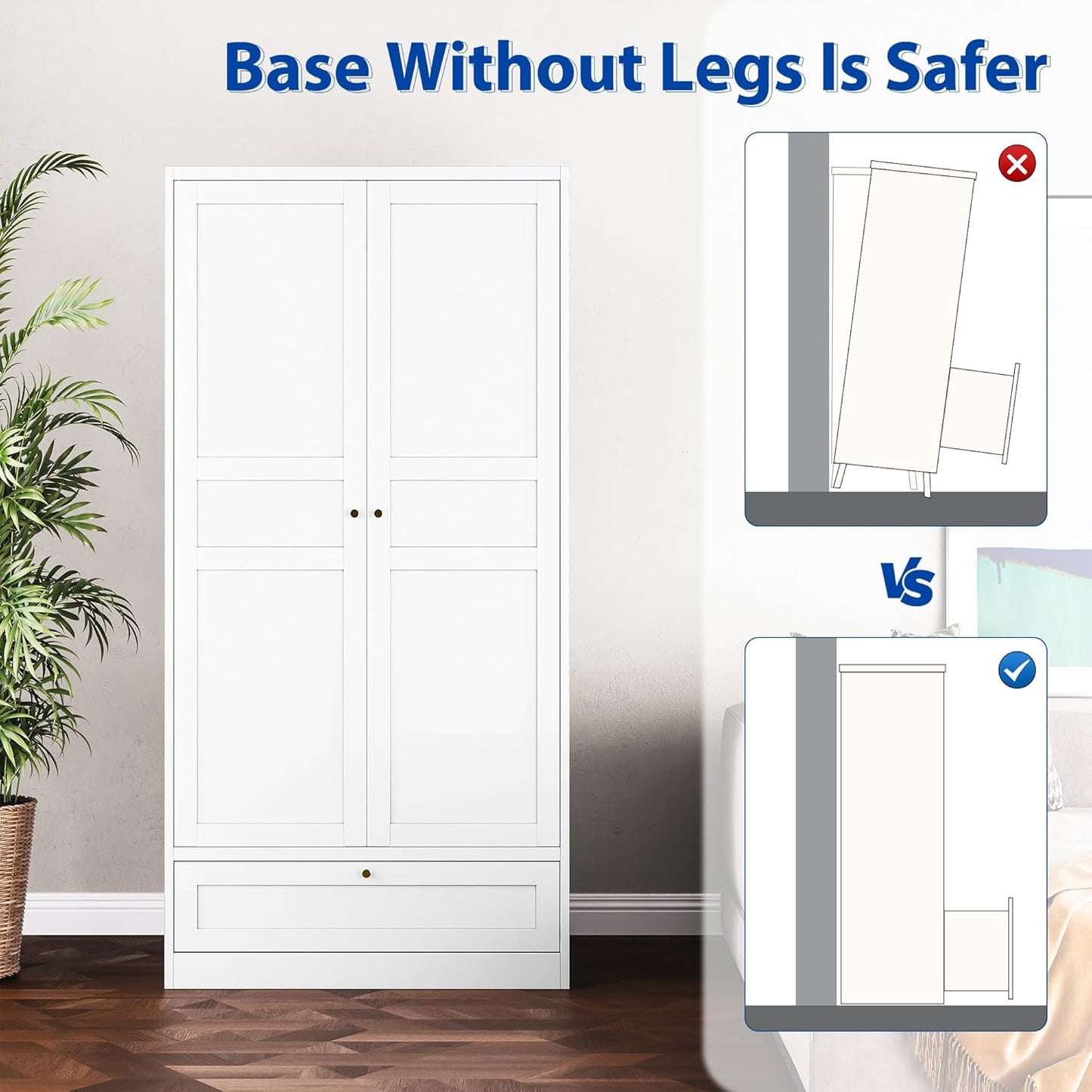 Metal Armoire Wardrobe Closet with 2 Doors 72'' Wardrobe Cabinet with Drawers and Hanging Rail Metal Closet with Adjustable Shelves for Bedroom. (White, with 1Drawer)