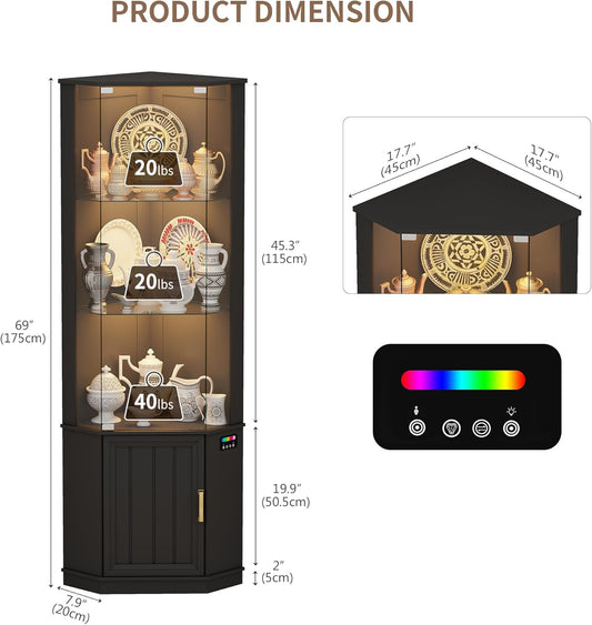69" Corner Glass Display Cabinet with RGB Lights,3-Tier Movable Glass Shelves,Curio Display with Human Body Sensor,Bookcase with Storage Cabinet for Toys,Books,Collectibles,Liquor,Black