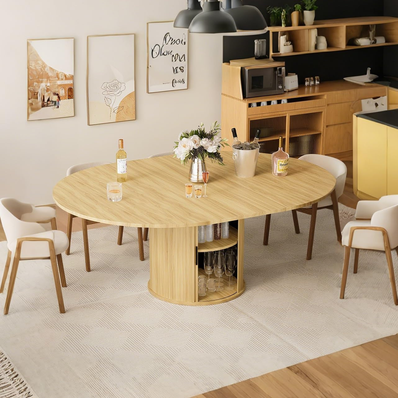 Extendable round Dining Table for 4-6-8, 59 Inch Dining Room Kitchen Table with 2-Tier Storage Shelf, Modern Farmhouse Fluted Wood Slide Door Dinner Furniture,Oval Circle,Oak