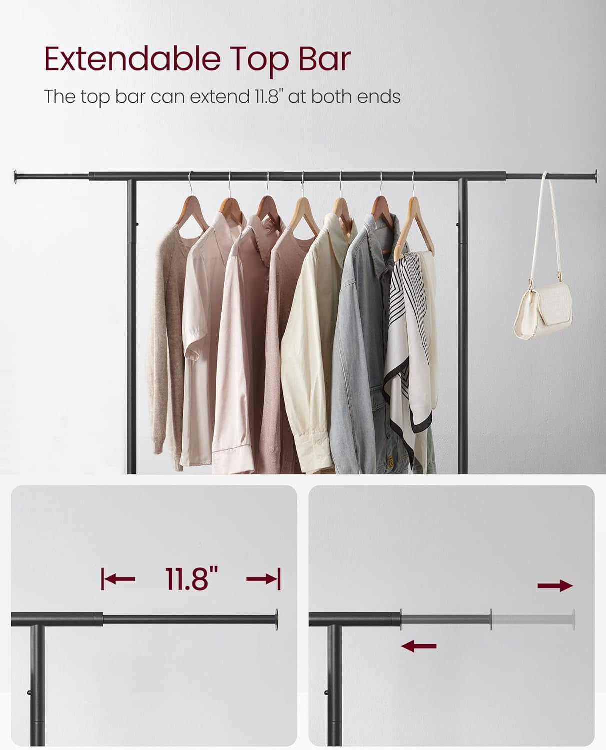 Clothes Rack, Clothing Rack with Wheels, 43.3-66.9 Inch Extendable Bar, Height-Adjustable Garment Rack, 332 Lb Load, 2 Brakes, Heavy-Duty, Industrial, Rustic Brown and Black URGR111B01V1